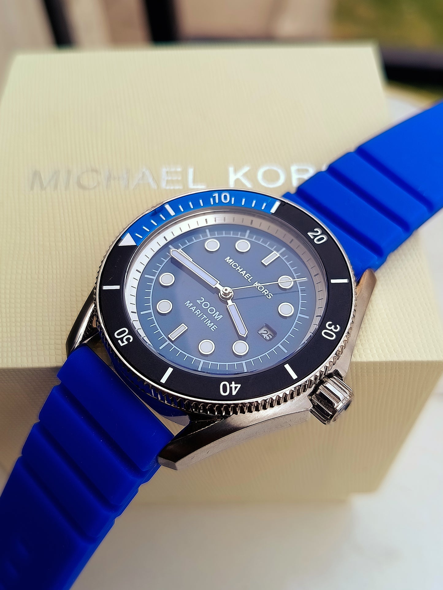 Michael Kors Maritime MK9156 Men's Three-Hand Analog Watch with Blue Dial & Silicone Strap