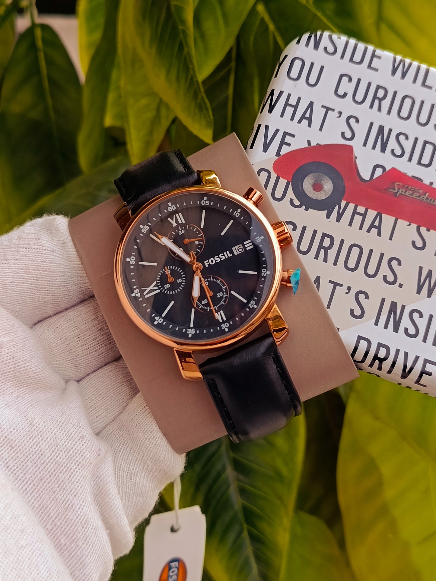 Fossil BQ1704 Men's Navy Leather Strap Watch with Gold-Tone Dial