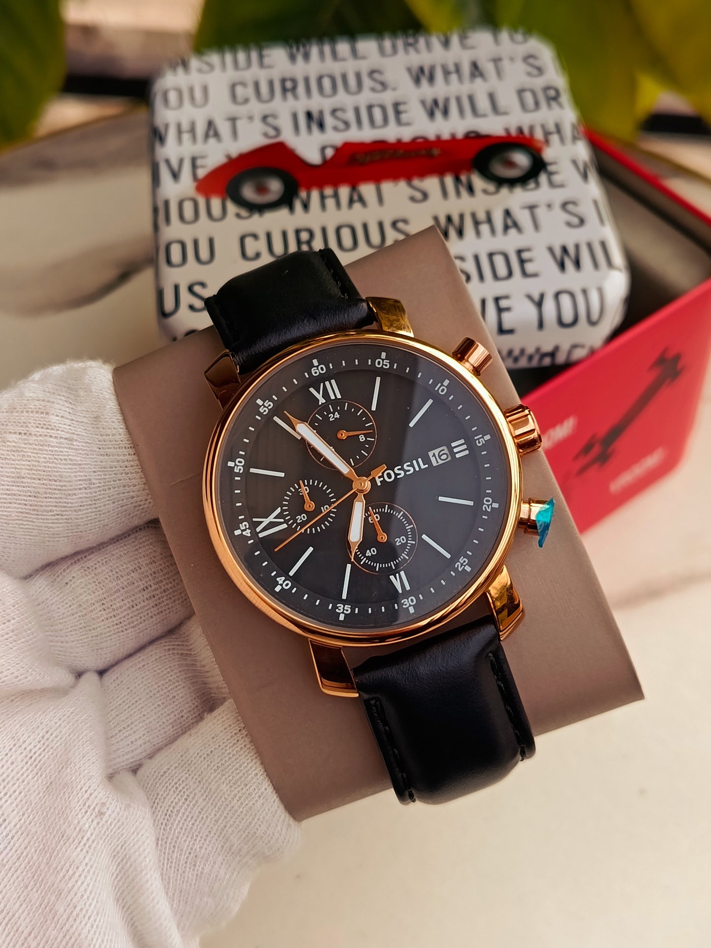 Fossil BQ1704 Men's Navy Leather Strap Watch with Gold-Tone Dial