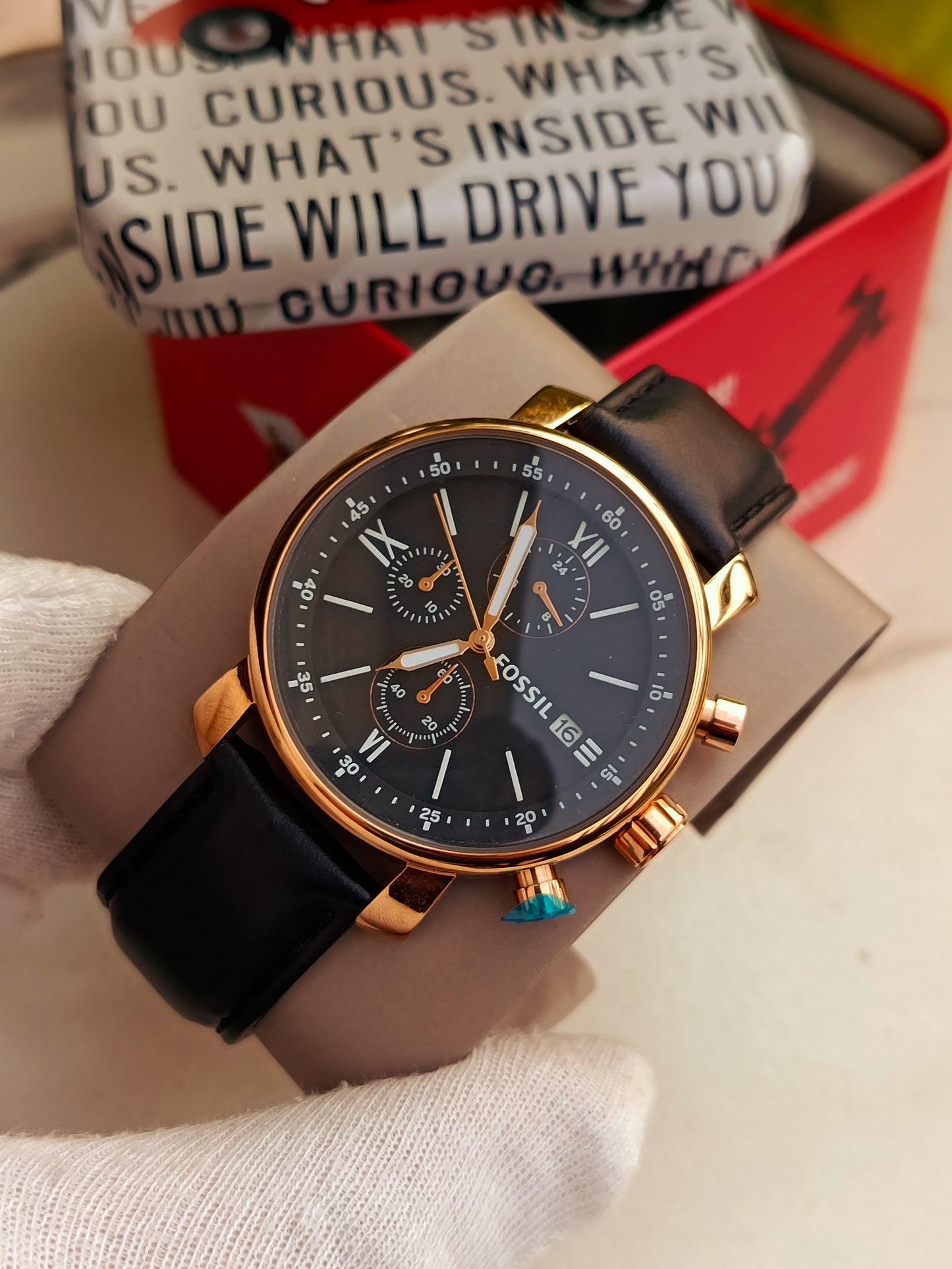 Fossil BQ1704 Men's Navy Leather Strap Watch with Gold-Tone Dial