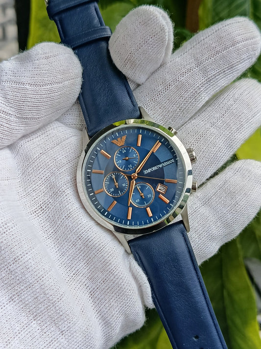 Emporio Armani Renato Blue Dial Chronograph Watch with Blue Leather Strap for Men - AR11216