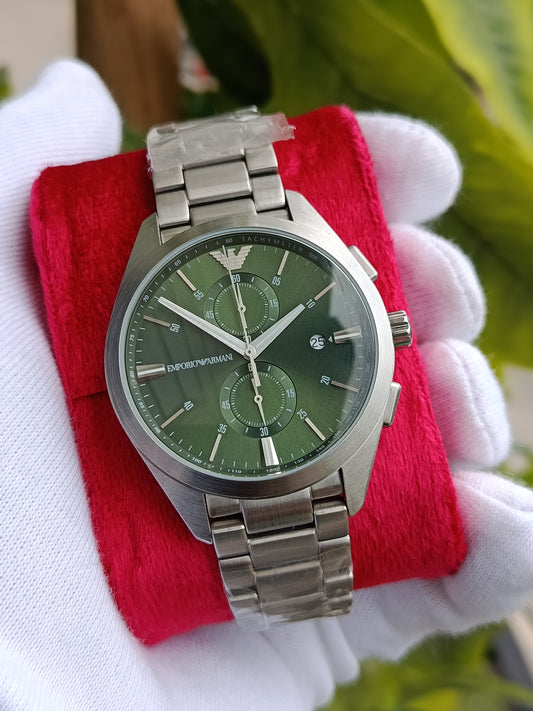 Emporio Armani AR11541 Men’s Chronograph Watch – Green Hulk Dial with Stainless Steel Bracelet