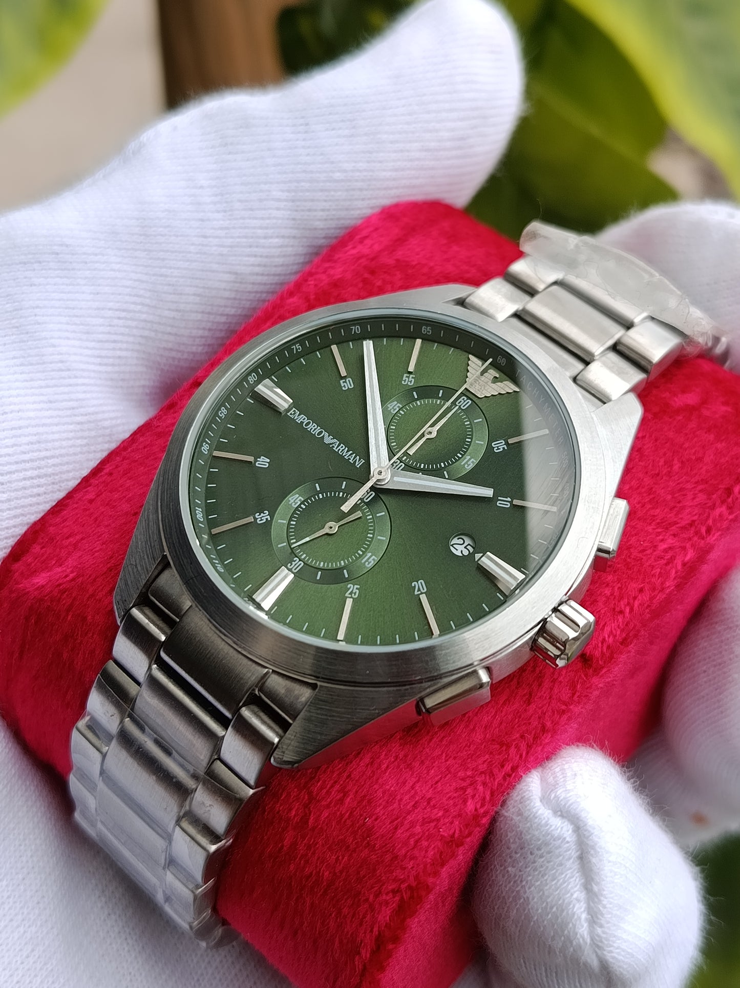 Emporio Armani AR11541 Men’s Chronograph Watch – Green Hulk Dial with Stainless Steel Bracelet