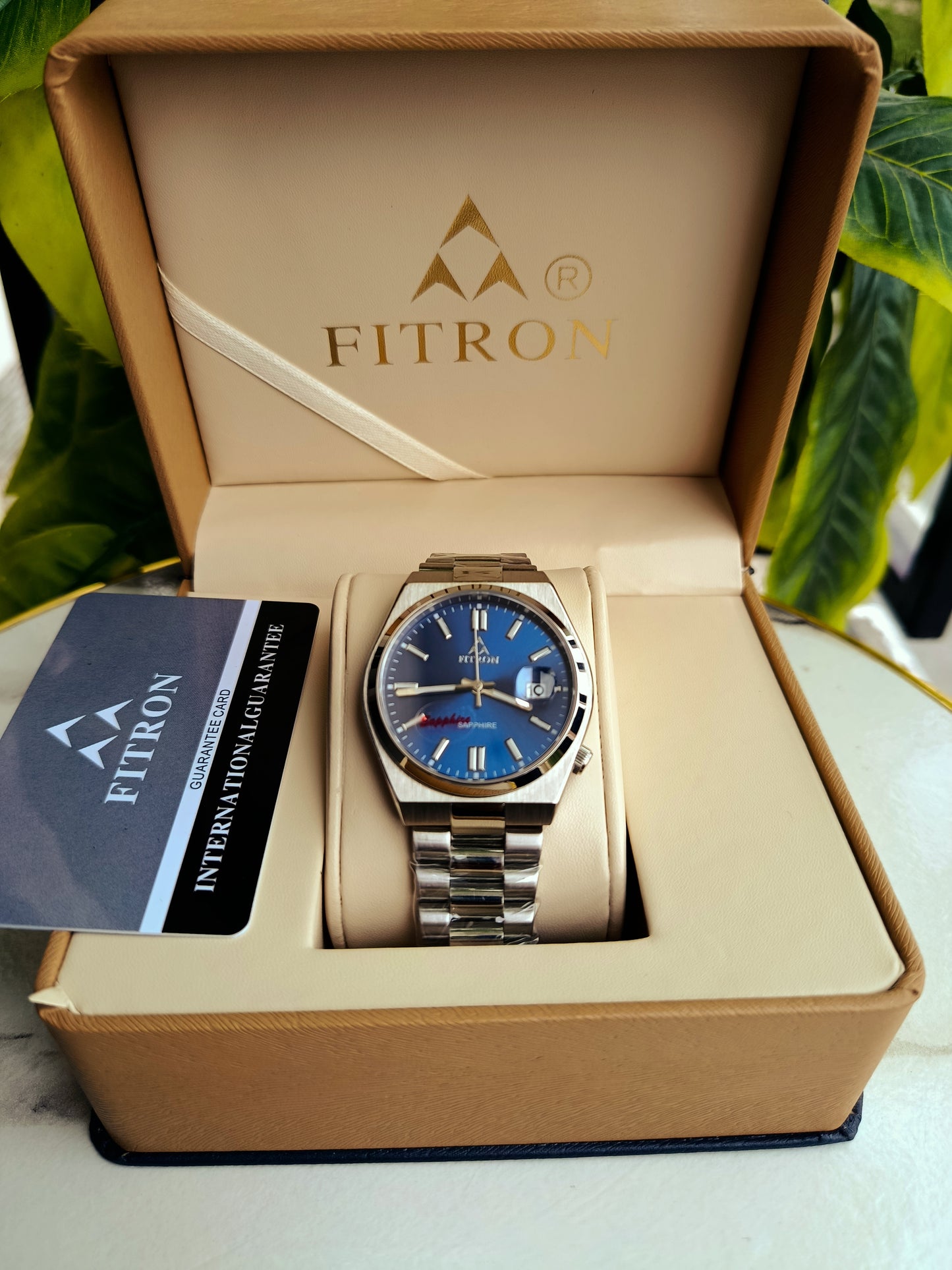 Fitron Blue Dial Watch with Date – Japanese Quartz Movement, Sapphire Glass, Stainless Steel | Box & Warranty Card
