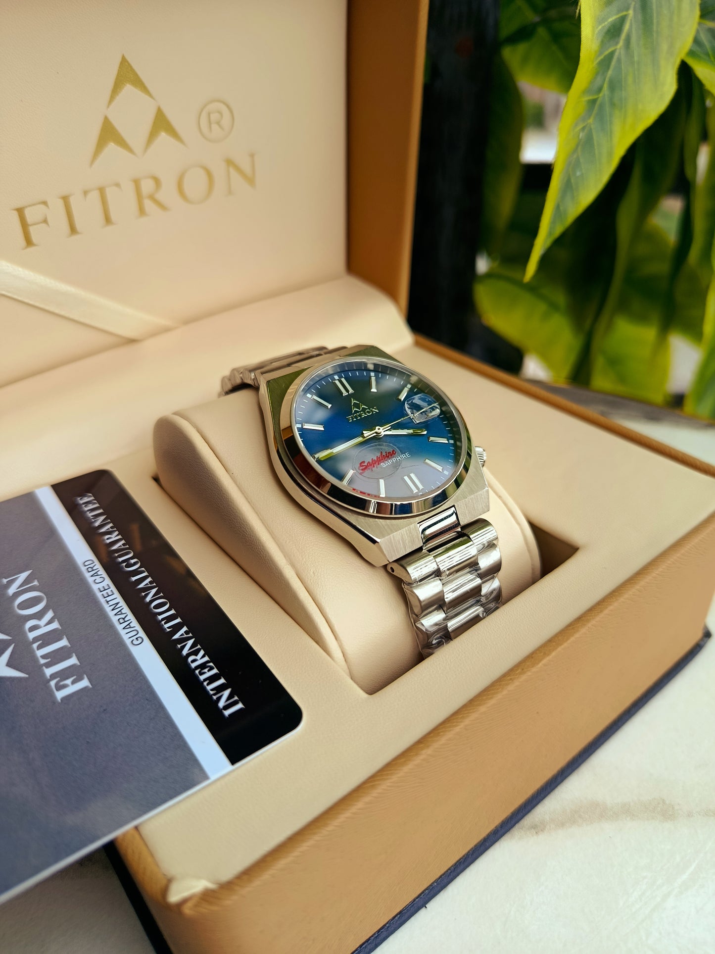 Fitron Blue Dial Watch with Date – Japanese Quartz Movement, Sapphire Glass, Stainless Steel | Box & Warranty Card