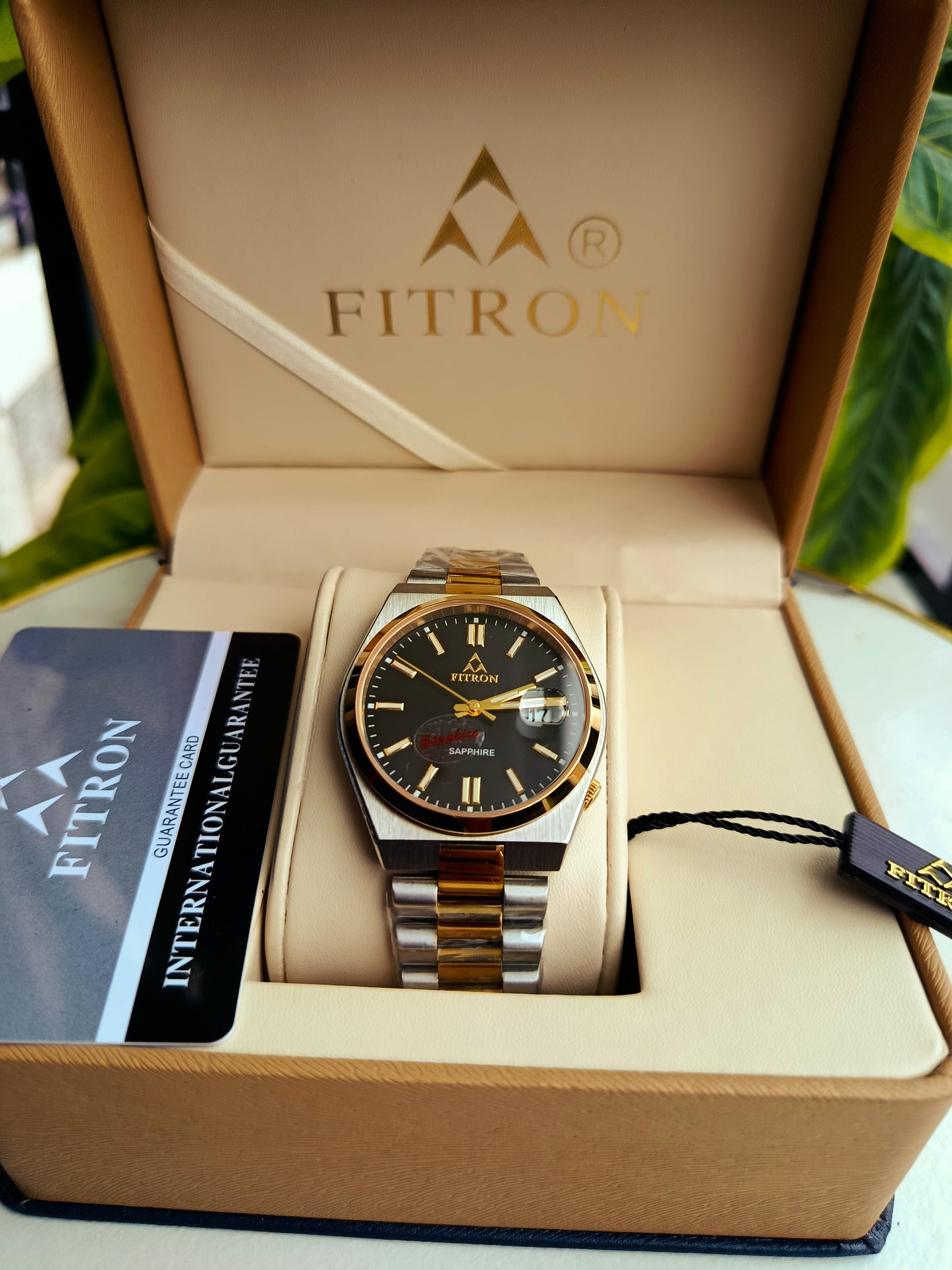 Fitron Black Dial Gold Tone Watch – Japanese Quartz Movement, Sapphire Glass, Stainless Steel | Original Box & Warranty Card Included