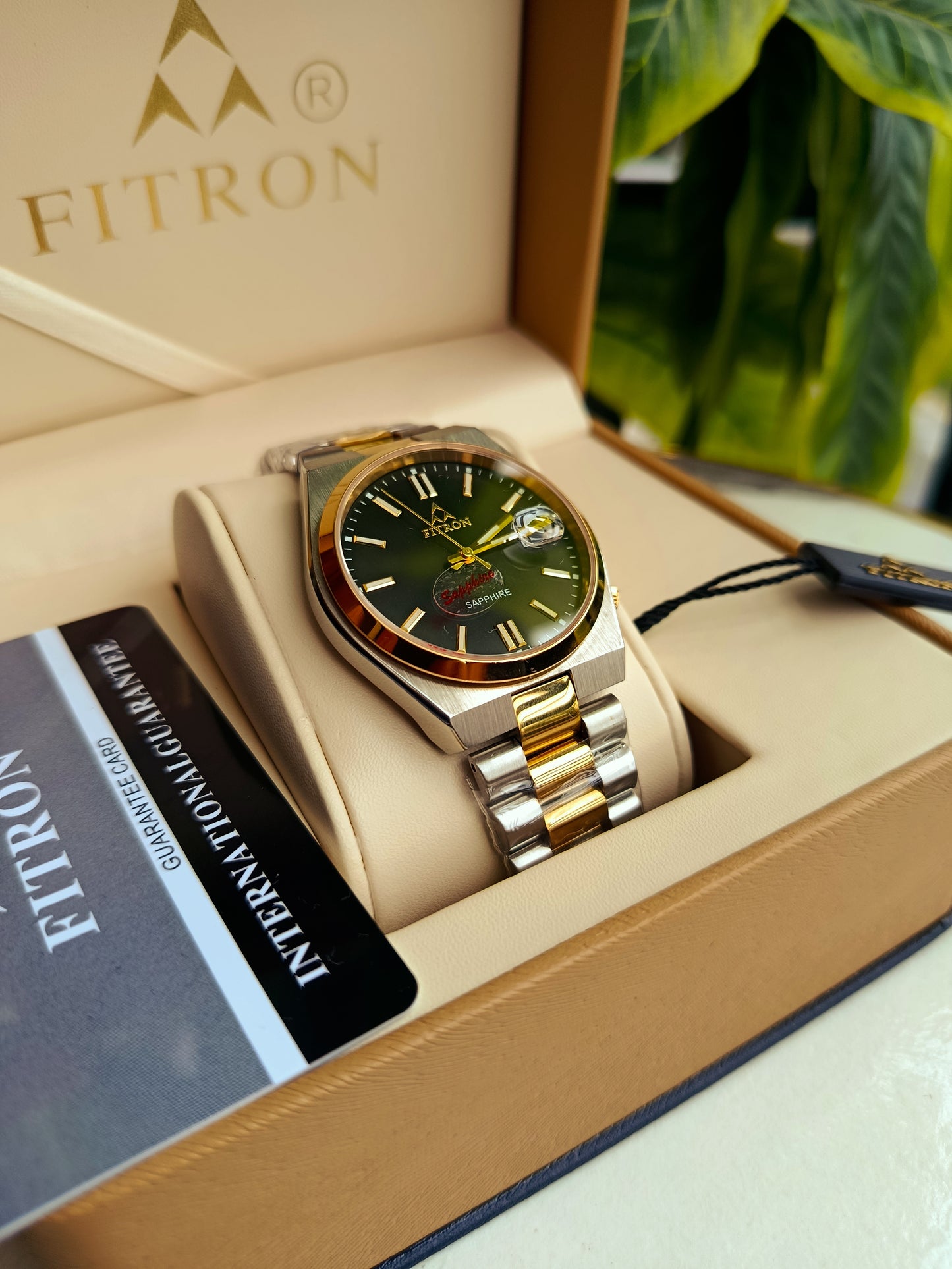 Fitron Black Dial Gold Tone Watch – Japanese Quartz Movement, Sapphire Glass, Stainless Steel | Original Box & Warranty Card Included