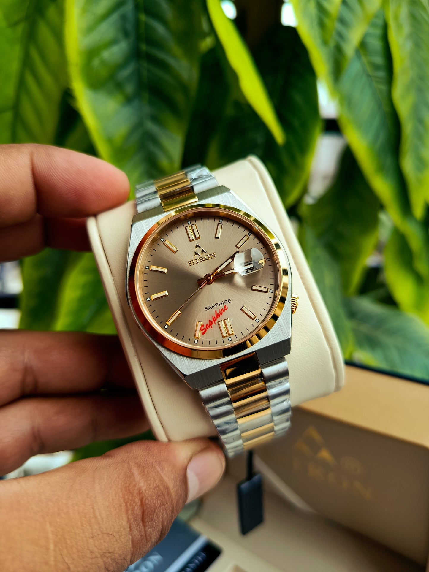 Fitron Double Tone Men’s Watch – Japanese Quartz, Sapphire Glass, Silver & Gold Stainless Steel | Box & Warranty Included