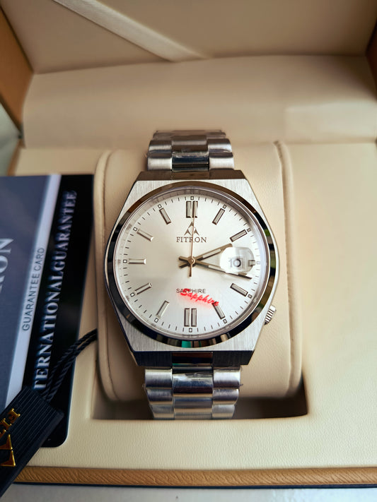 Fitron White Dial Stainless Steel Watch – Japanese Quartz, Sapphire Glass, 41mm Case | Box & Warranty Included