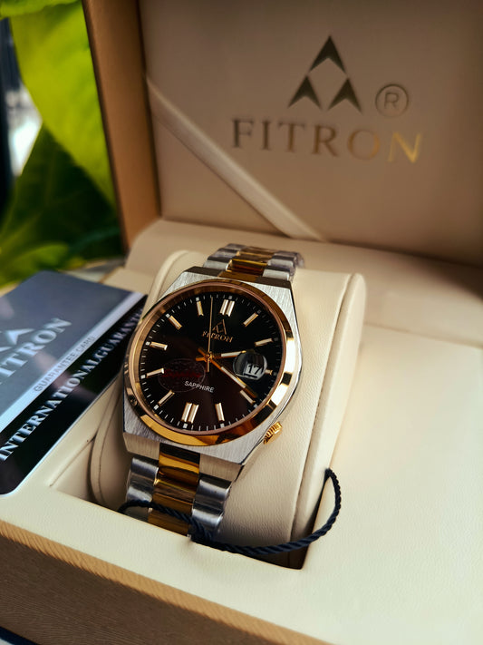 Fitron Black Dial Gold Tone Watch – Japanese Quartz Movement, Sapphire Glass, Stainless Steel | Original Box & Warranty Card Included