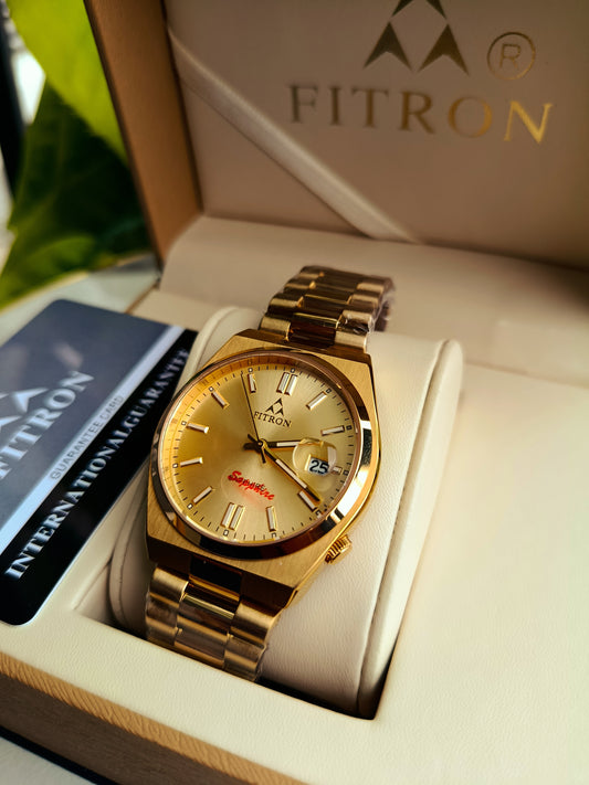 Original Fitron Gold Dial Watch – Japanese Quartz, Sapphire Glass, Stainless Steel | Formal Men’s Watch with Box & Warranty Card