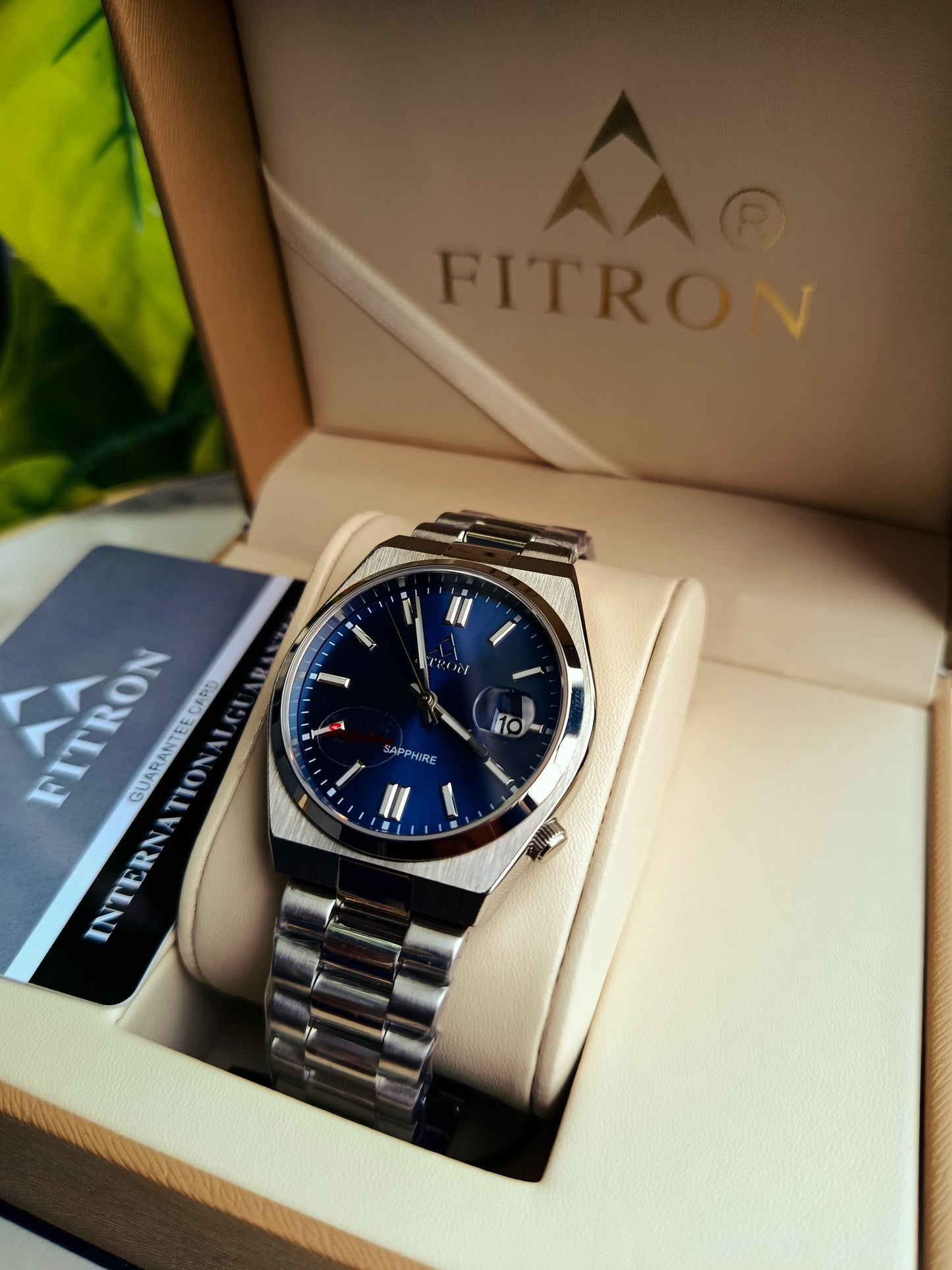 Fitron Blue Dial Watch with Date – Japanese Quartz Movement, Sapphire Glass, Stainless Steel | Box & Warranty Card