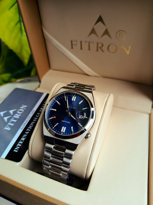 Fitron Blue Dial Watch with Date – Japanese Quartz Movement, Sapphire Glass, Stainless Steel | Box & Warranty Card