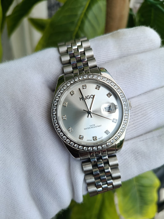 Hugo Stainless Steel Men's Diamond Bazel Watch