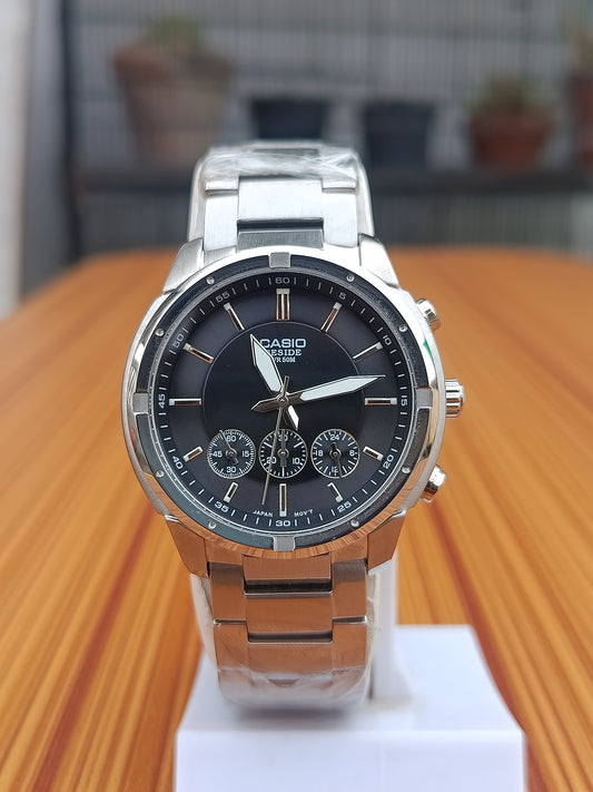 Casio Beside BEM-504D-1AVDF Black Stainless Steel Chronograph Men’s Watch – 3 Sub-Dials