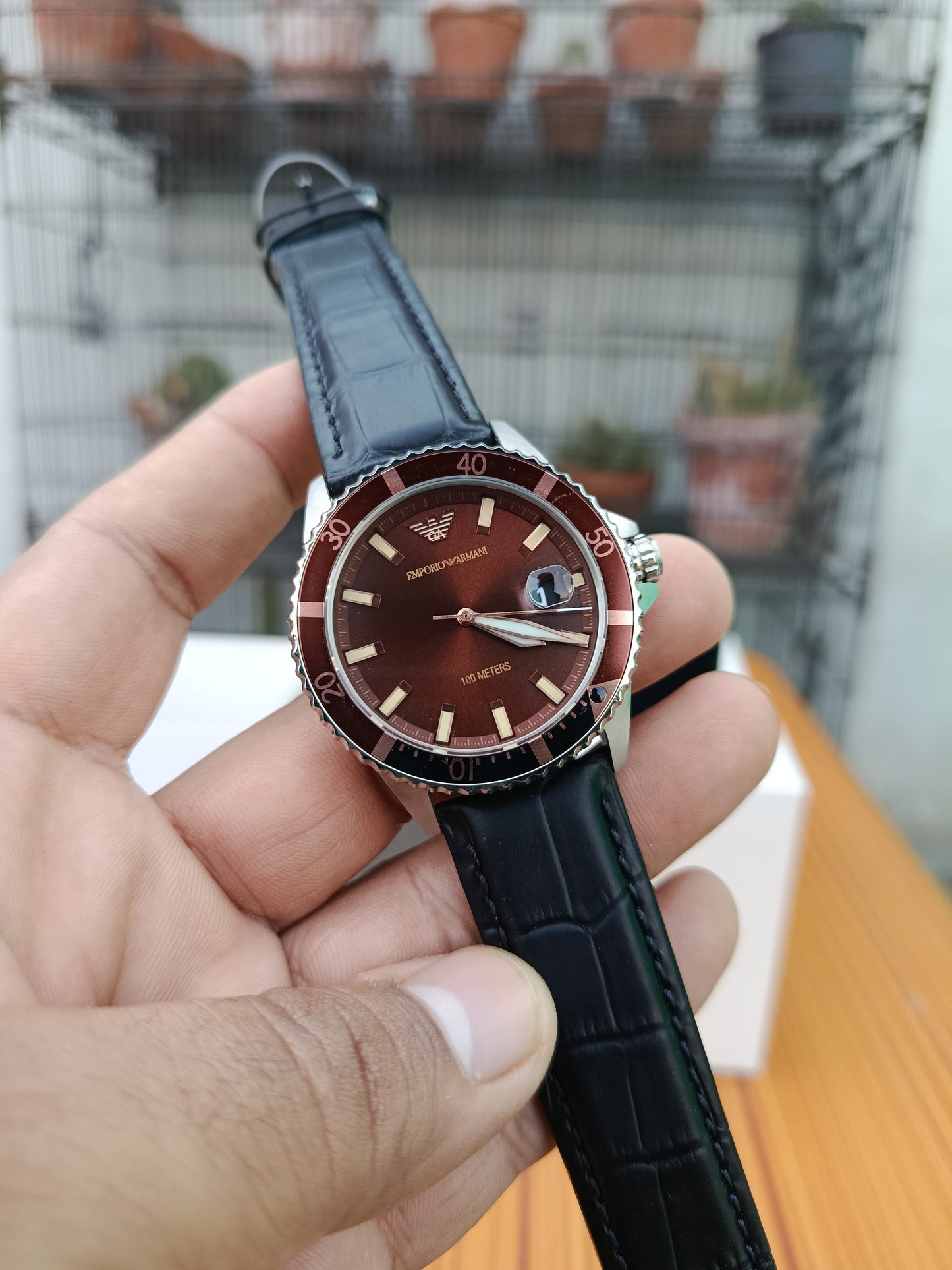 Emporio Armani Men’s Quartz Stainless Steel Brown Dial Leather Strap Watch – AR11340