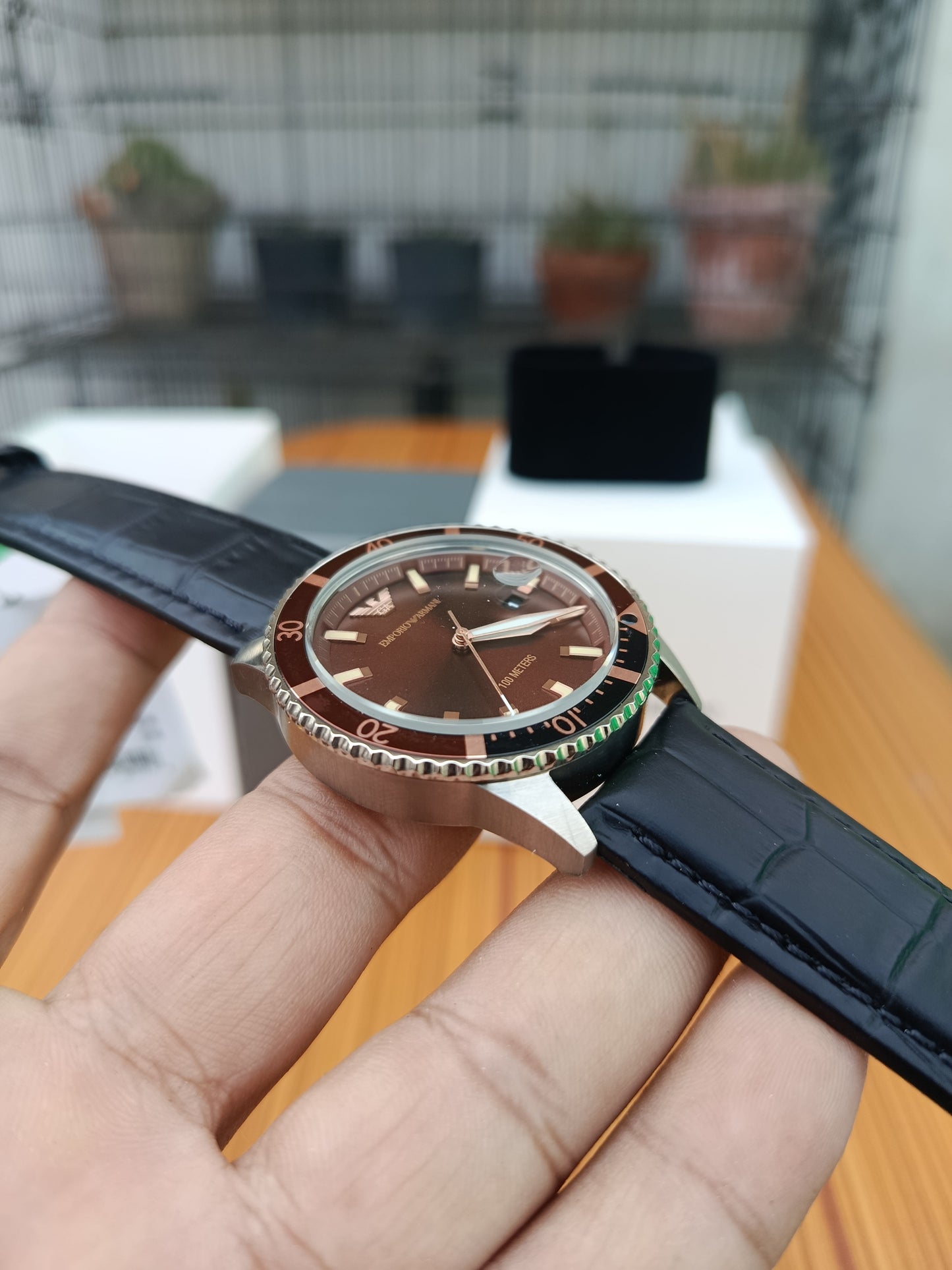 Emporio Armani Men’s Quartz Stainless Steel Brown Dial Leather Strap Watch – AR11340