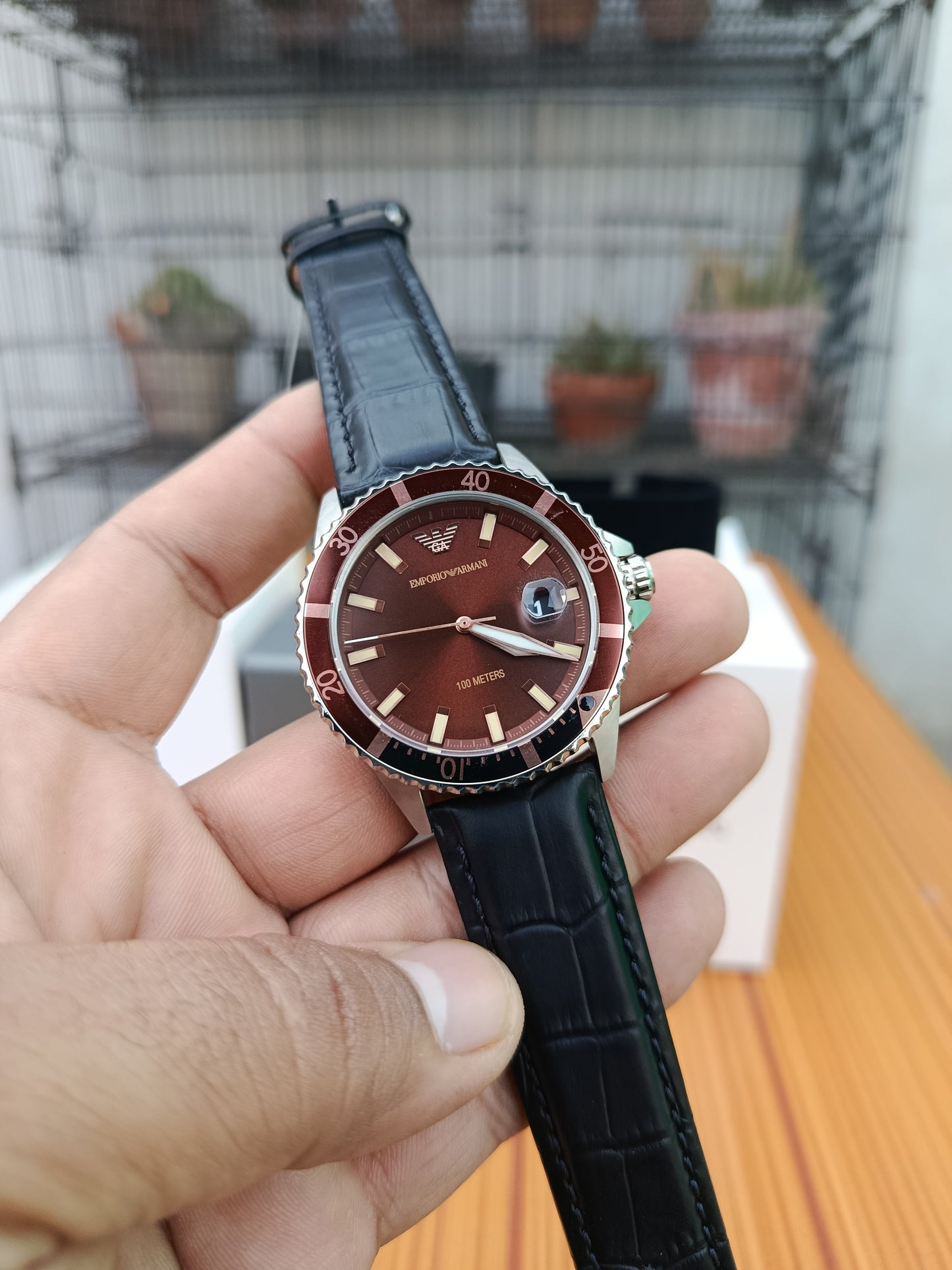 Emporio Armani Men’s Quartz Stainless Steel Brown Dial Leather Strap Watch – AR11340