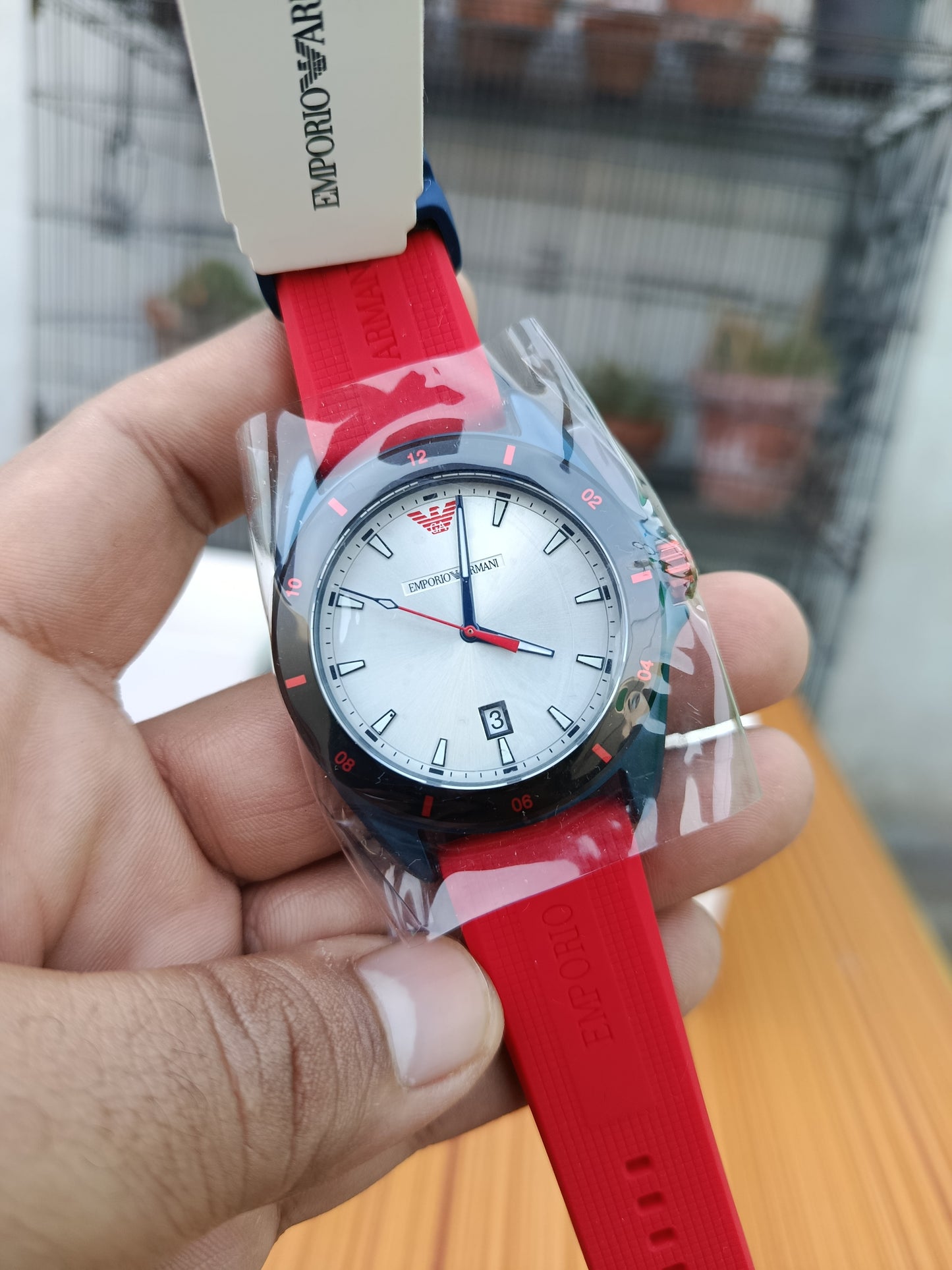 Emporio Armani Sigma Men’s Quartz Silver Dial Red Silicone Strap Watch – AR11219