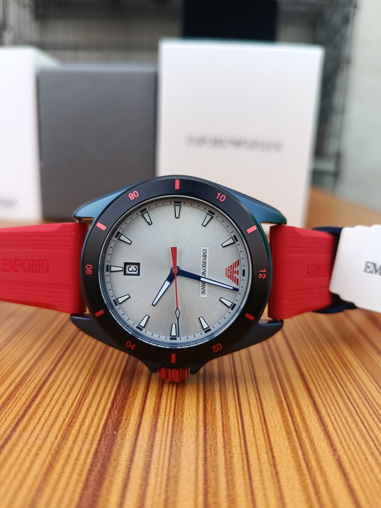 Emporio Armani Sigma Men’s Quartz Silver Dial Red Silicone Strap Watch – AR11219