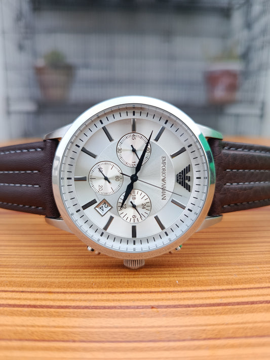 Emporio Armani AR2432 Classic Chronograph Men’s Watch | Silver Dial, Dark Brown Leather Strap