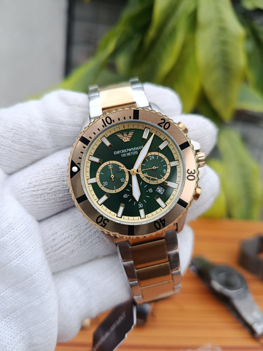 Emporio Armani AR11586 Men’s Quartz Watch | Green Dial Two-Tone Stainless Steel 43mm