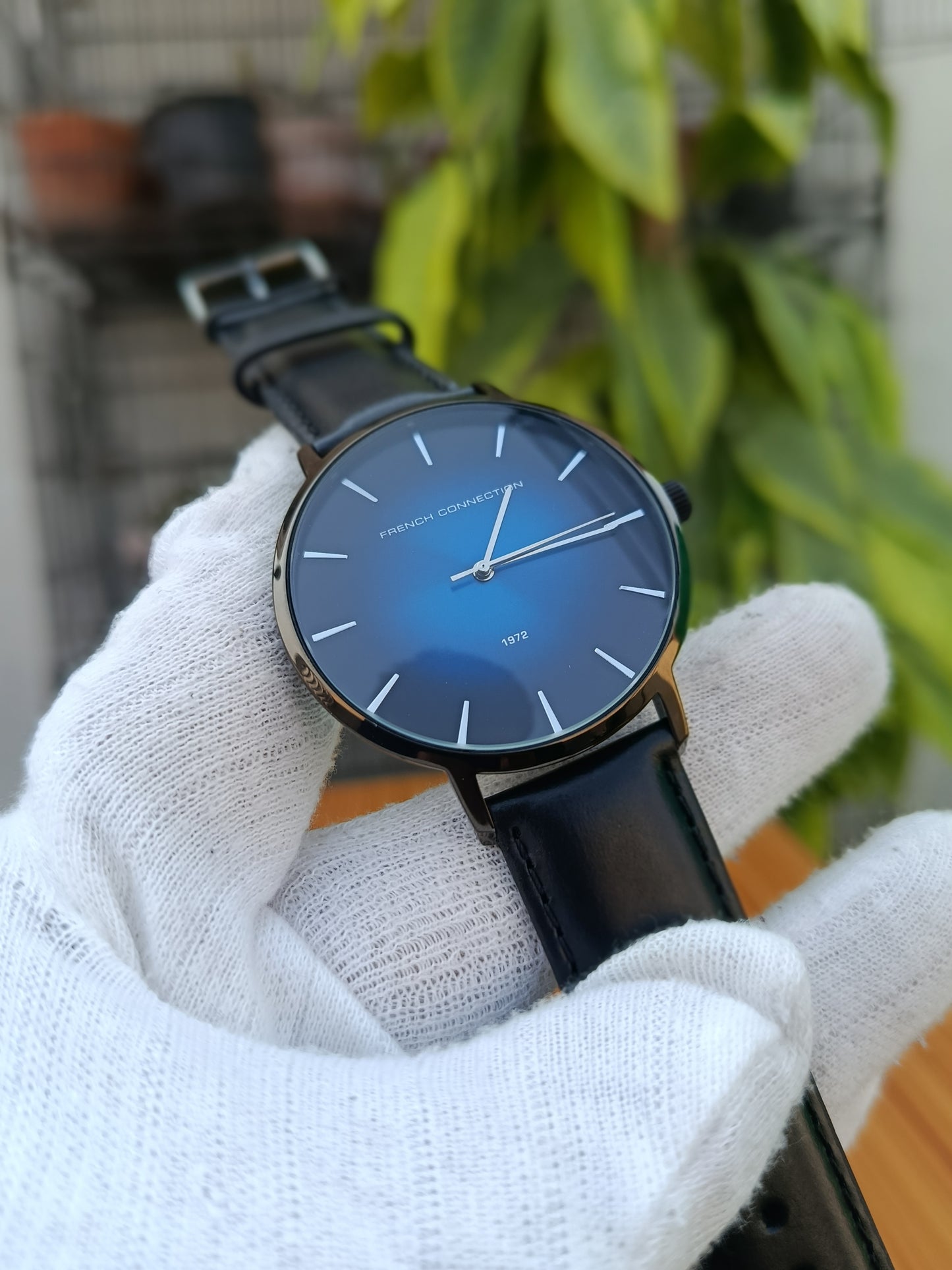French Connection UK 43mm Men’s Watch – Black & Blue Sunray Dial with Brown Leather Strap | Stylish Analog Watch for Men