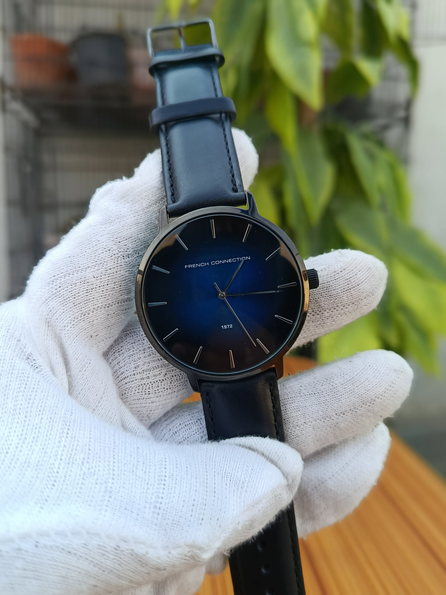 French Connection UK 43mm Men’s Watch – Black & Blue Sunray Dial with Brown Leather Strap | Stylish Analog Watch for Men