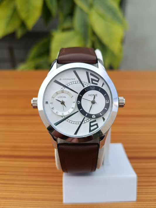 Giordano Dual Time Men's Brown Leather Strap Watch