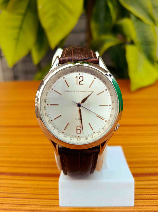 French Connection Men’s Classic Silver Dial Watch – Brown Croc-Embossed Leather Strap