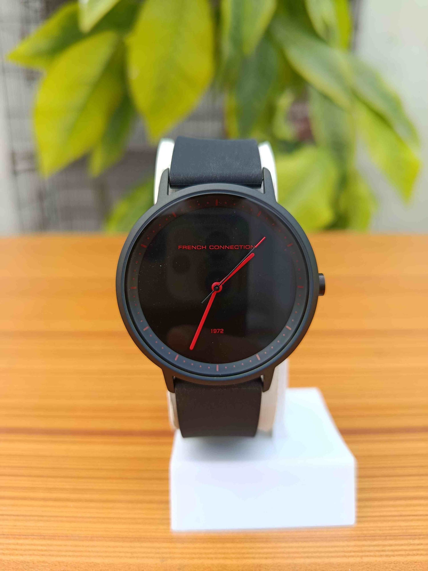 French Connection Men’s Matte Black Minimalist Watch – Red Accents & Silicone Strap (FCN001 Series)