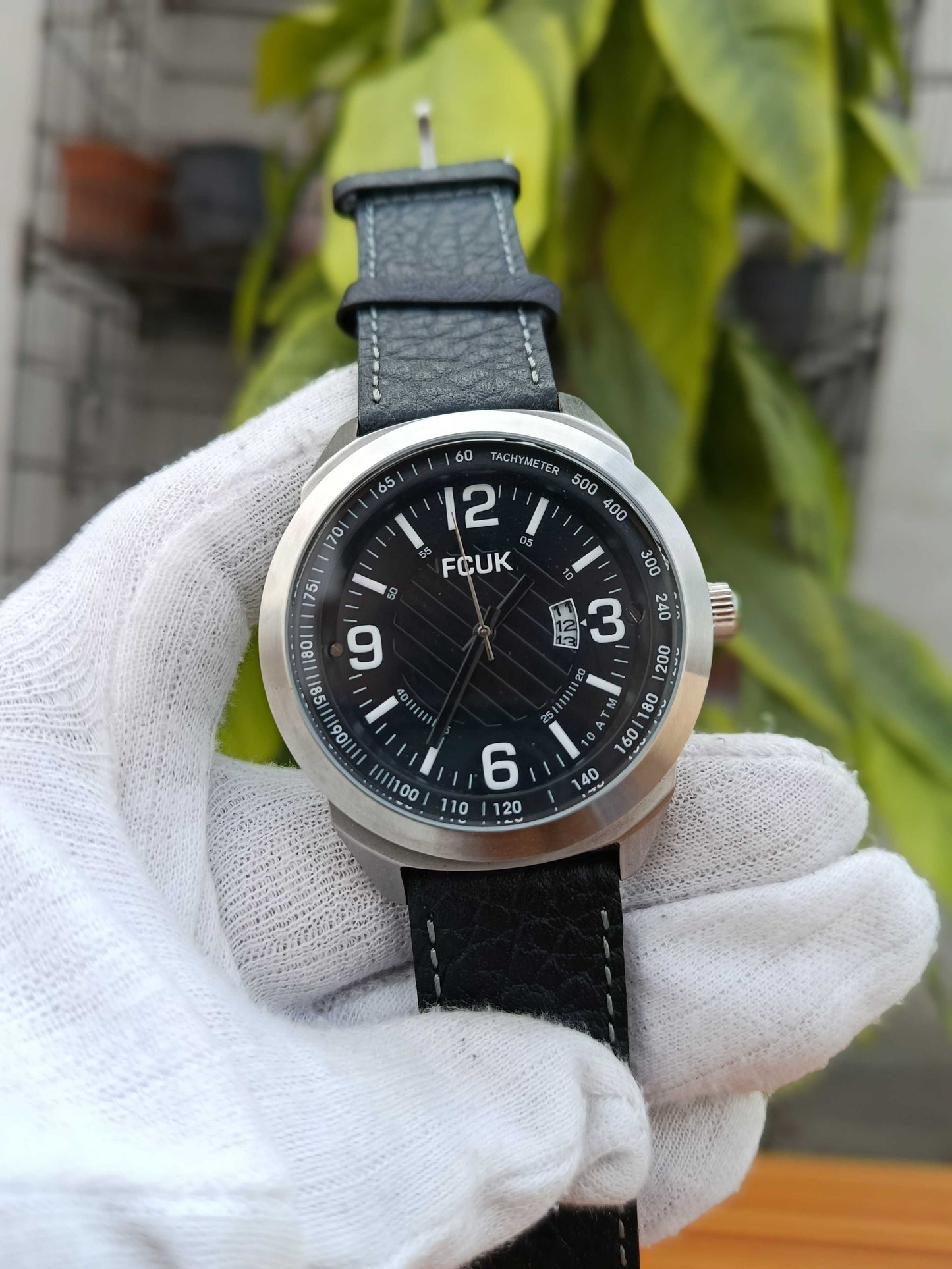 Fcuk Black Leather Strap Men's Watch Big Dial Numbers