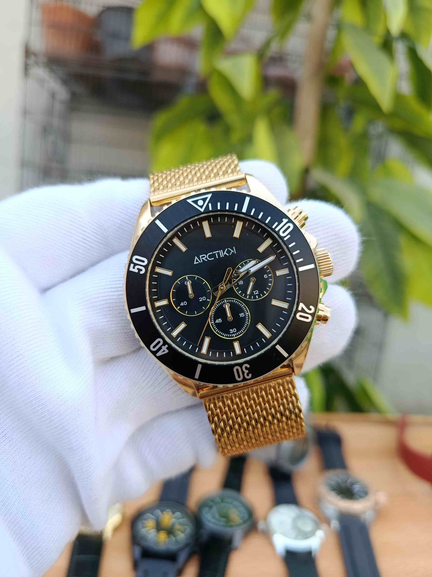 Arctik Oxcal Gold Steel 46mm Chronograph Watch – Black Dial & Gold Milanese Bracelet WBA0409-001