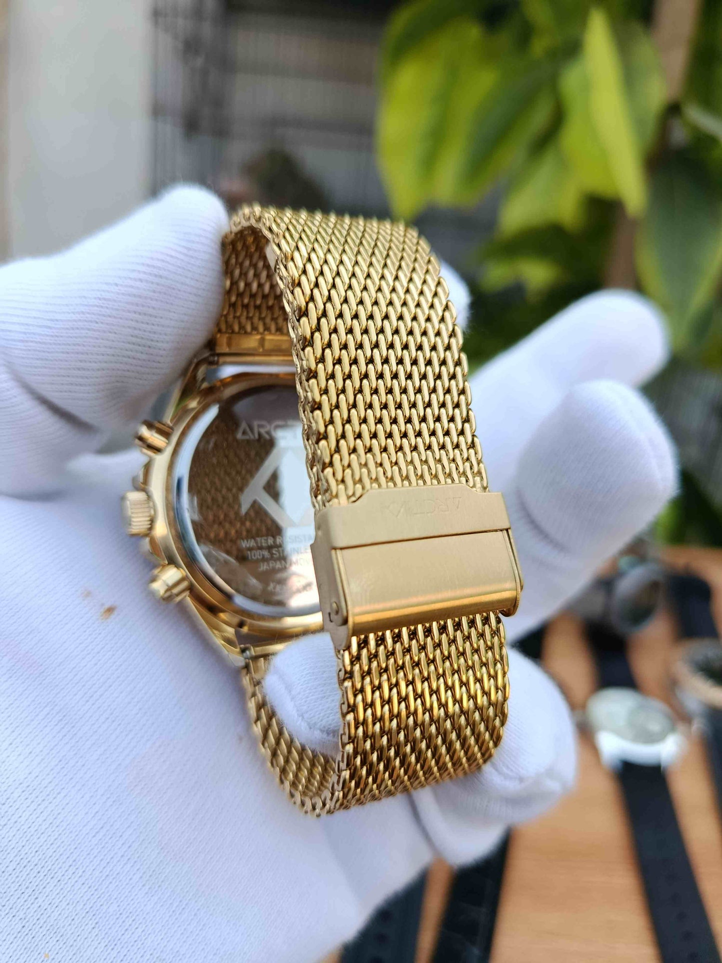 Arctik Oxcal Gold Steel 46mm Chronograph Watch – Black Dial & Gold Milanese Bracelet WBA0409-001