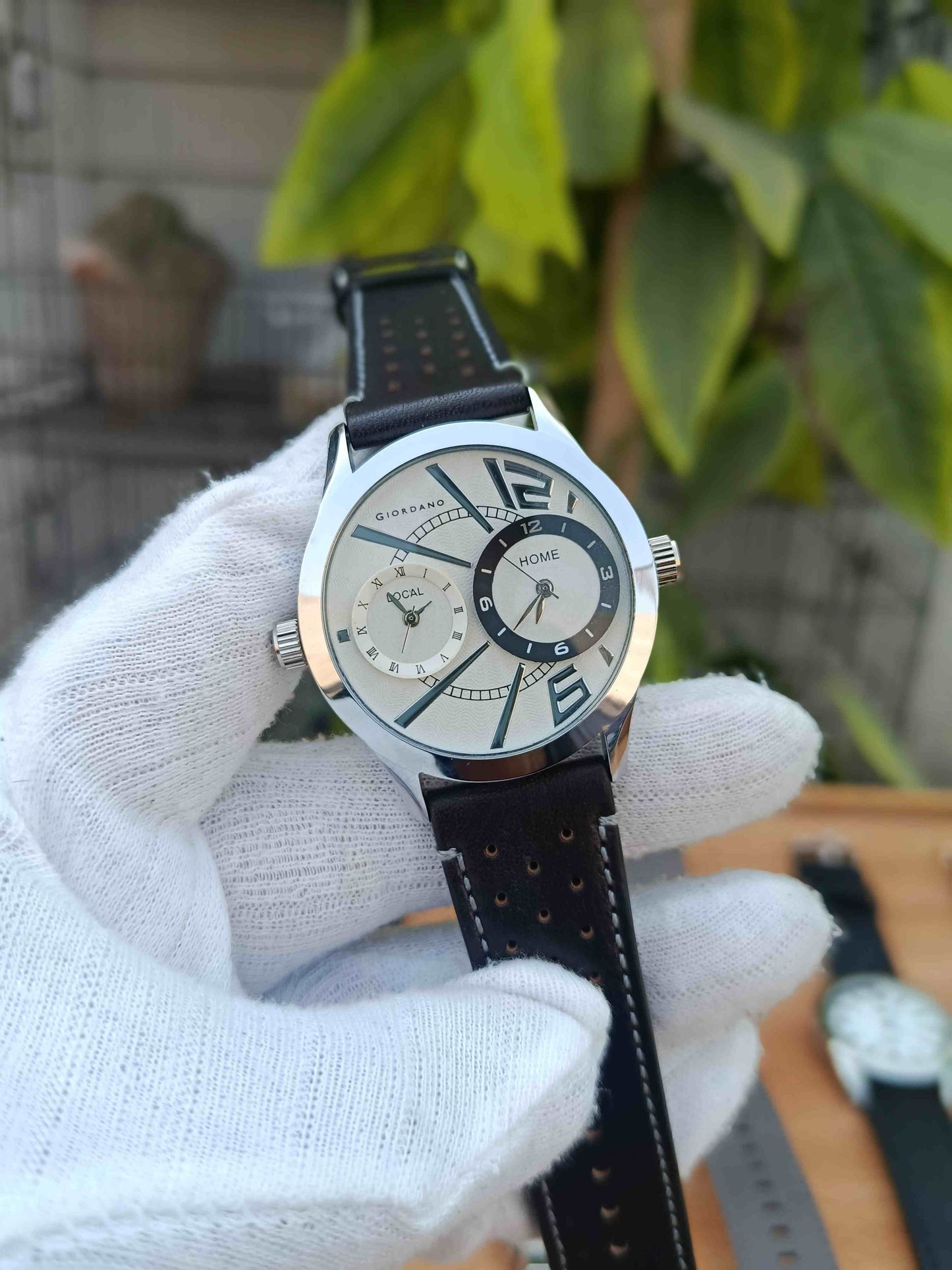 Giordano Dual Time Black Leather Strap Men's Watch Stainless Steel Case