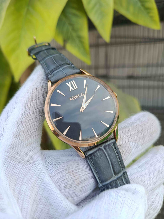 Kebros Men’s Elegant Rose Gold Watch with Slate Grey Croc-Embossed Leather Strap