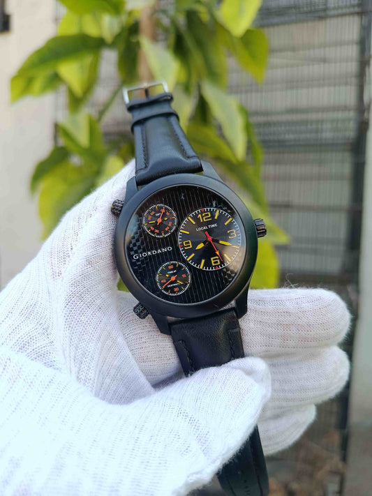 Giordano Triple Time Men's Watch Stitched Leather Strap