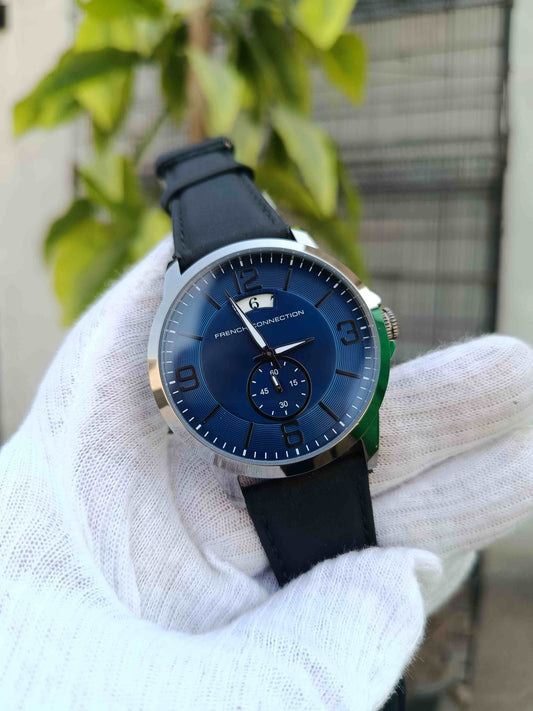 French Connection Men's Modern Blue Sunray Dial Watch