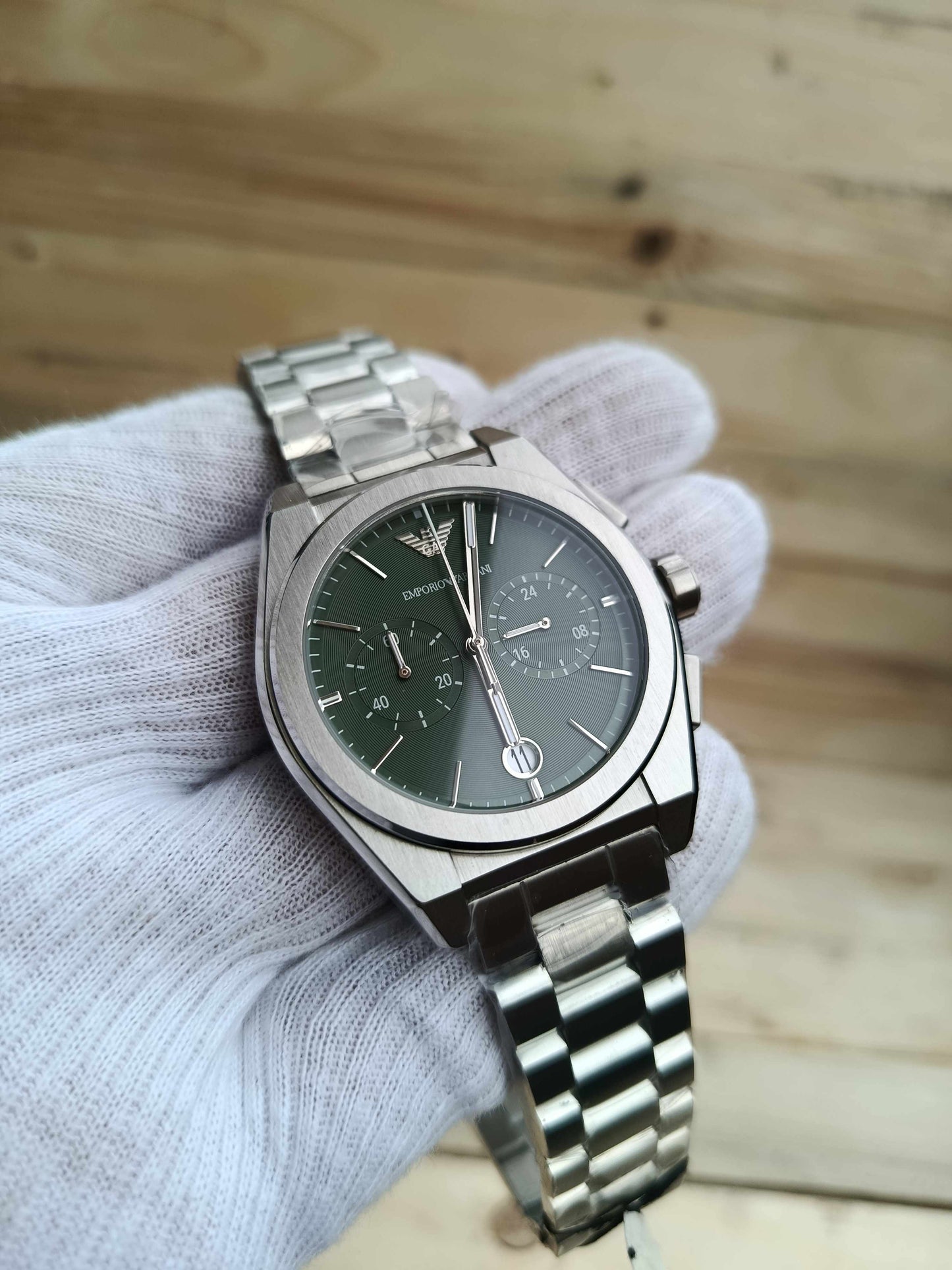 Emporio Armani Federico Chronograph Green Dial Stainless Steel Watch for Men – AR11640