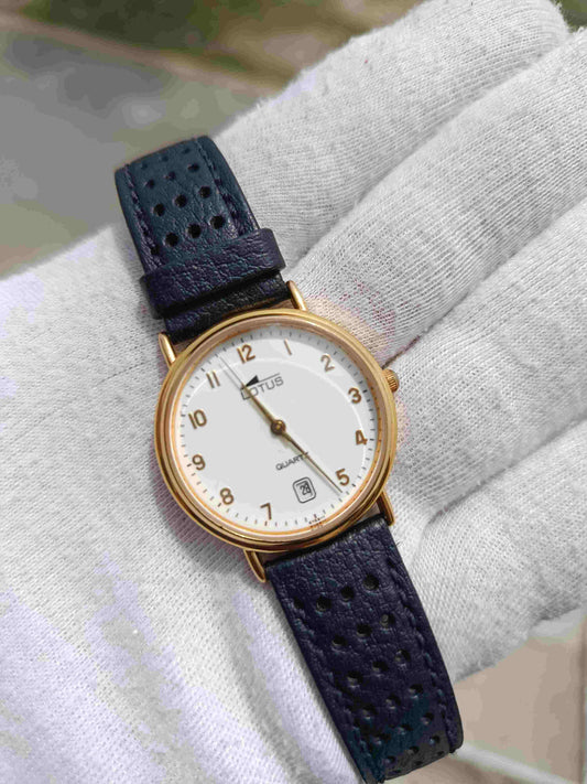 Lotus Quartz Men's Watch | White Dial | Gold-Tone Case | Black Perforated Leather Strap | Date Display | Classic Dress Watch