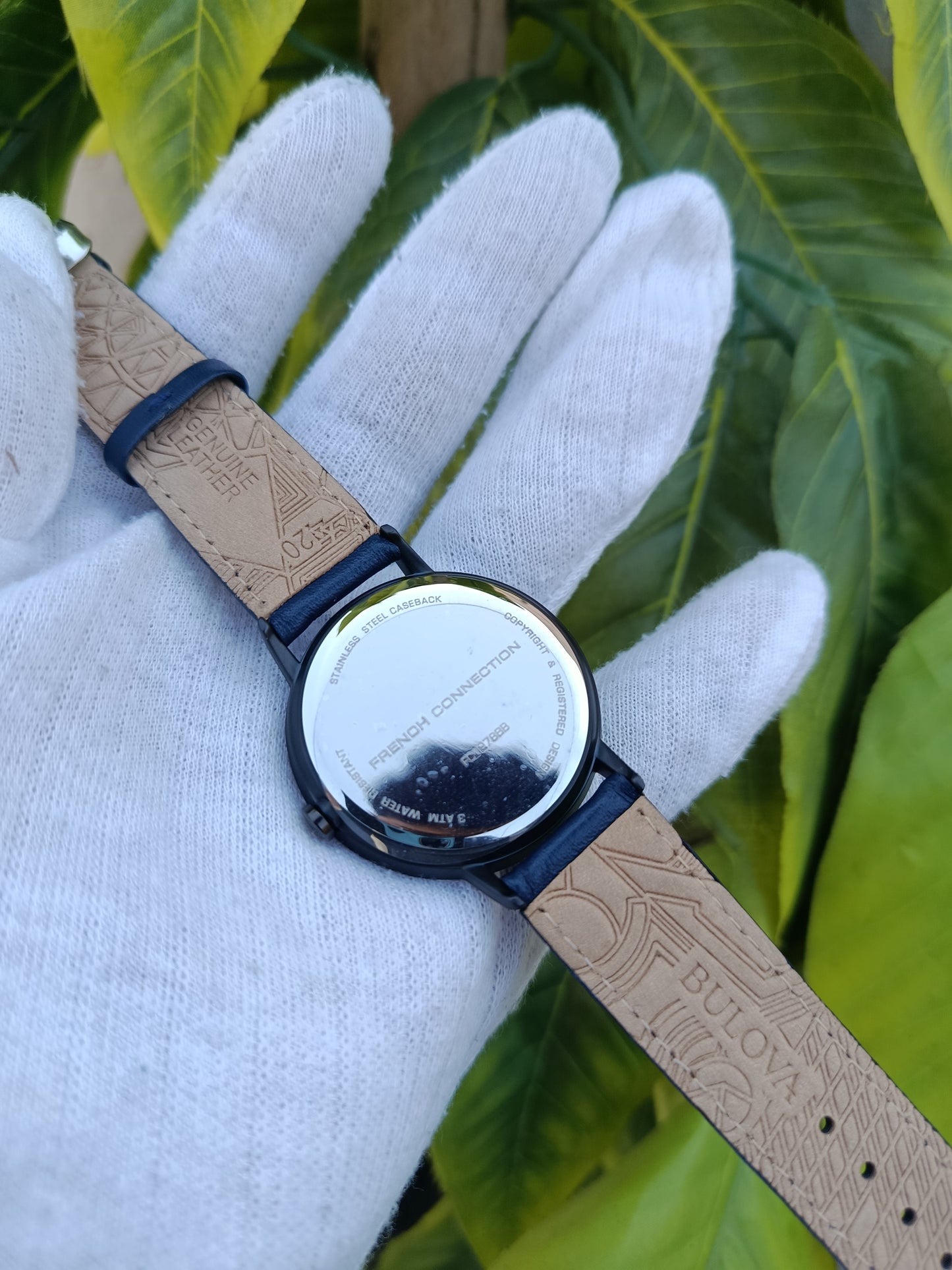 French Connection Men's Minimalist Watch – Black PVD Case, Navy Blue Leather Strap, Black Dial & Curved Retrograde Date Display