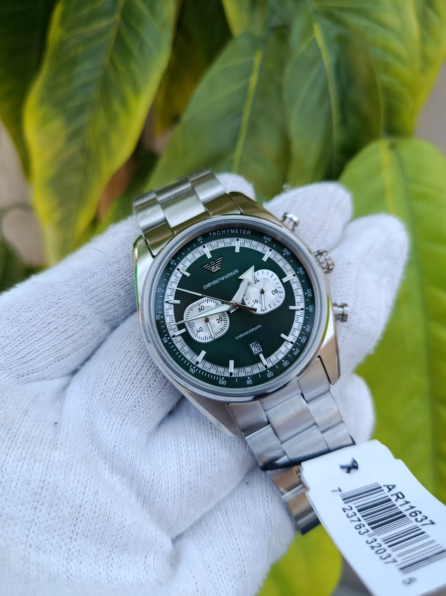 Emporio Armani Men's Chronograph Watch AR11637 – Silver Stainless Steel Bracelet, Green Dial