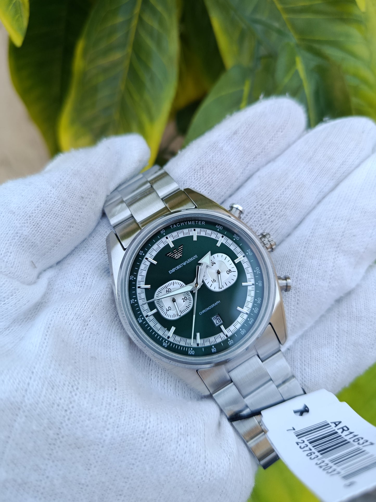 Emporio Armani Men's Chronograph Watch AR11637 – Silver Stainless Steel Bracelet, Green Dial