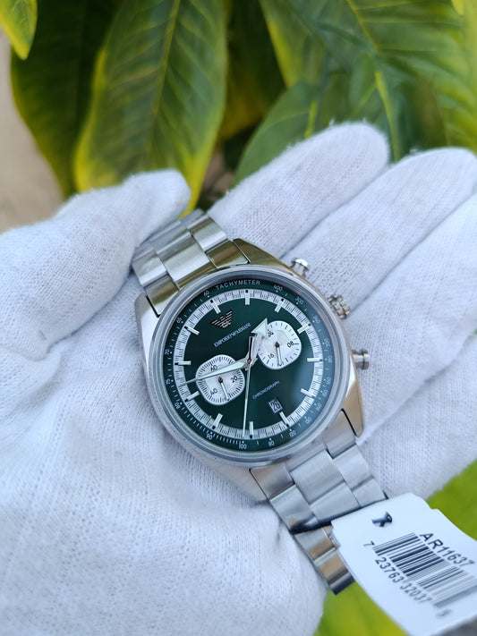 Emporio Armani Men's Chronograph Watch AR11637 – Silver Stainless Steel Bracelet, Green Dial