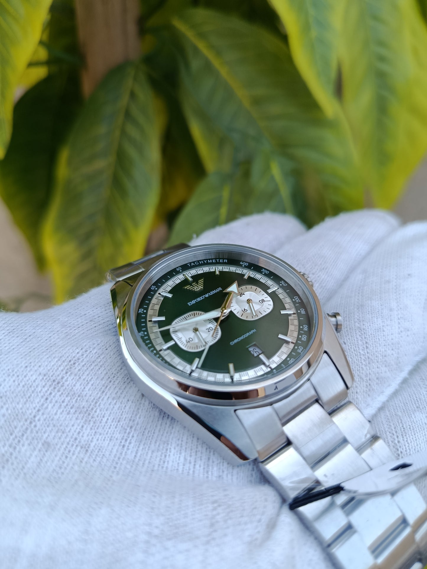 Emporio Armani Men's Chronograph Watch AR11637 – Silver Stainless Steel Bracelet, Green Dial