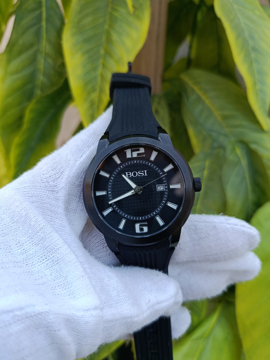 BOSI Men's Sport Watch – All-Black PVD Case, Textured Black Dial, Luminous Hands & Rubber Strap with Date Display
