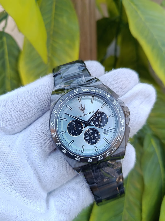 Maserati Men's Chronograph Watch – Gunmetal Steel Bracelet, Silver Textured Dial, Tachymeter Bezel & Dark Subdials