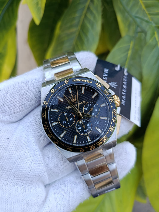 Maserati Men's Chronograph Watch – Two-Tone Stainless Steel Bracelet, Black Textured Dial, Tachymeter Bezel & Gold Accents