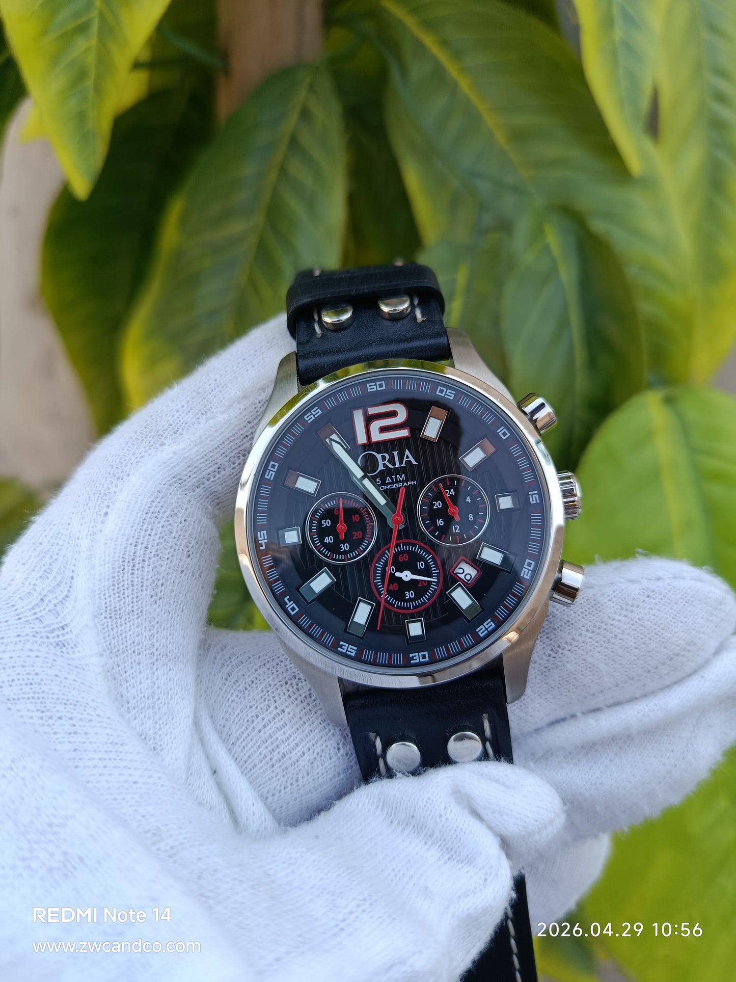 ORIA Men's Chronograph Watch Black Dial with Red Accents & Genuine Leather Strap