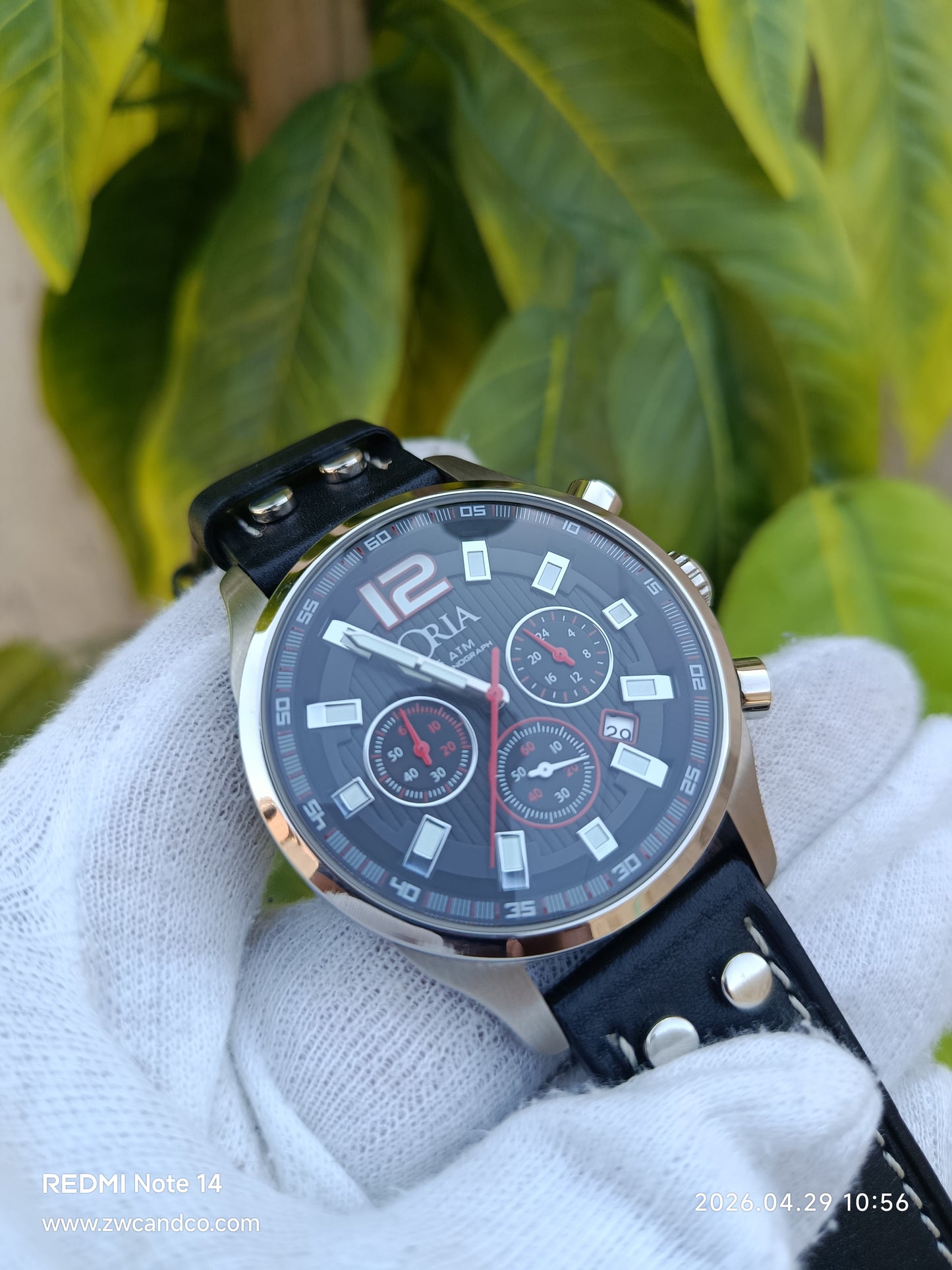 ORIA Men's Chronograph Watch Black Dial with Red Accents & Genuine Leather Strap